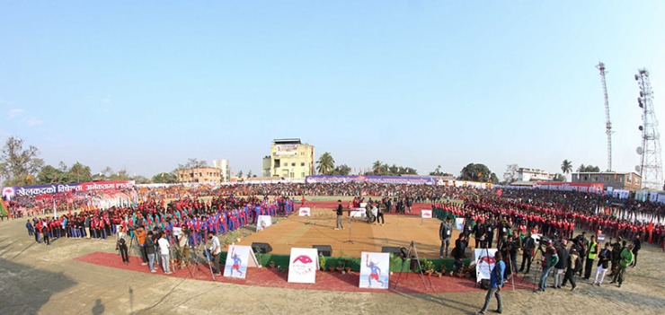 Participants of the seventh National Games attend the opening ceremony at the Shahid Maidan Stadium in Biratnagar on Friday, December 23, 2016. Photo: Udipt Singh Chhetry/THT